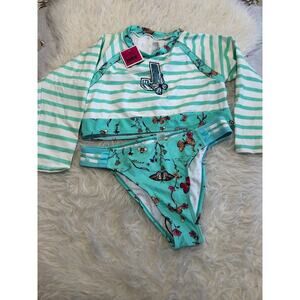 JUICY COUTURE BLACK LABEL 2 Piece Swimsuit Turq & White Stripe Tankini Sz 16 NWT